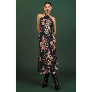 Reformation Maddison Silk Halter Midi Polina Black Floral Dress 4